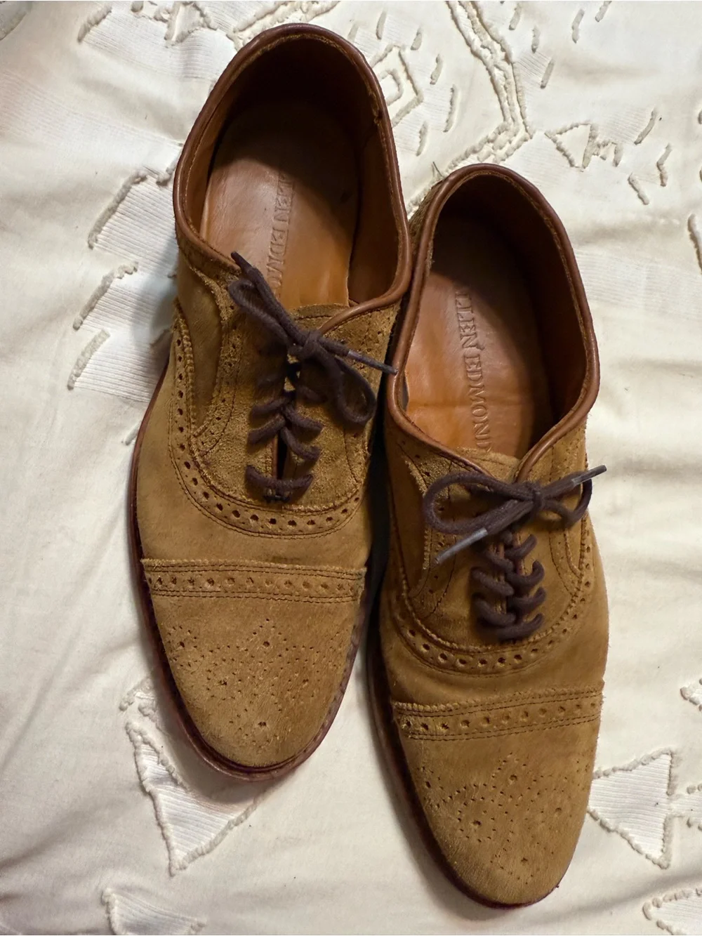Allen Edmonds Tan Suede Wingtip Derbys with Brown Laces